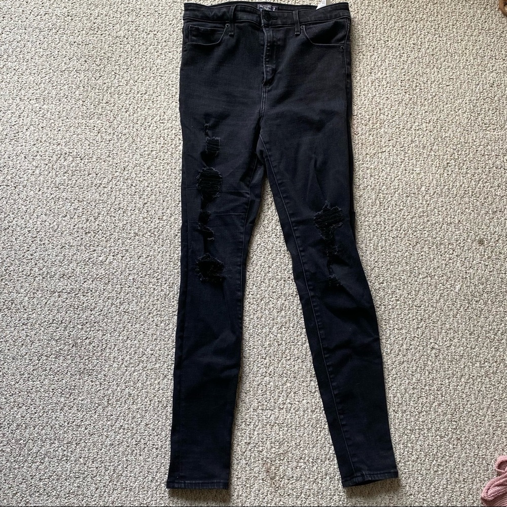 A&F black distressed high rise super skinny jeans